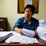 ** A stressed-out Vietnamese worker looking overwhelmed by a stack of legal documents related to a labor contract violation. The scene should convey injustice and the importance of understanding labor law. The setting could be a simple, cluttered apartment or a dimly lit office.

**