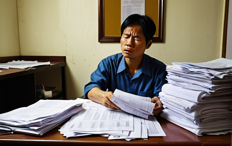 ** A stressed-out Vietnamese worker looking overwhelmed by a stack of legal documents related to a labor contract violation. The scene should convey injustice and the importance of understanding labor law. The setting could be a simple, cluttered apartment or a dimly lit office.

**